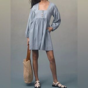 Anthropologie Long Sleeve Square Neck Denim Mini Babydoll Dress